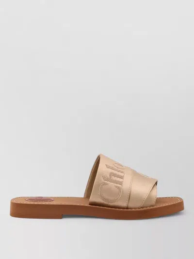 Chloé Woody Satin Sandals Embroidered Logo Rubber Sole In Brown