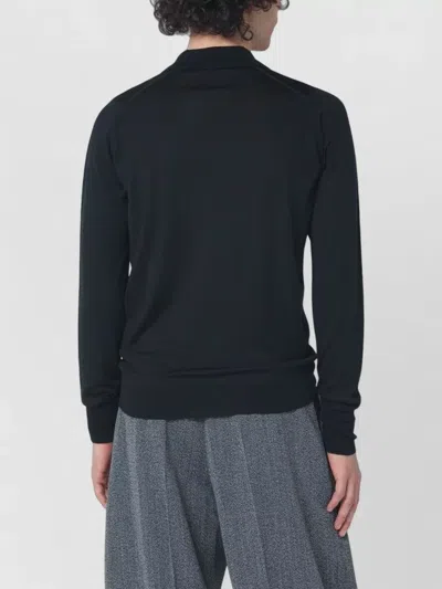 John Smedley Wool Polo Shirt Ribbed Cuffs Detail In Black