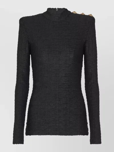 Balmain Ls Bouclette Monogram-pattern Button Top In Black