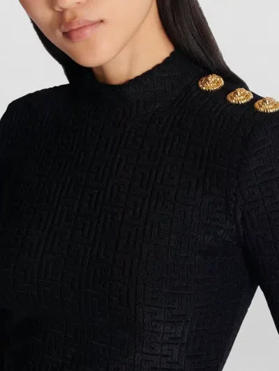 Balmain Ls Bouclette Monogram-pattern Button Top In Black