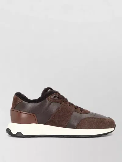 Tod's Low Top Suede Sneakers With Leather Detail In Brown
