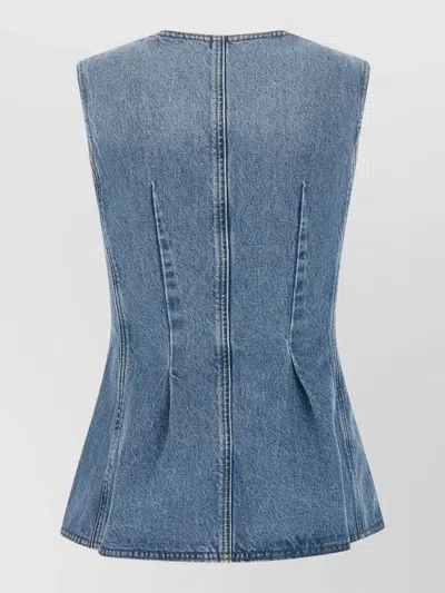 Rotate Birger Christensen Denim Flare Sleeveless Top Fitted Pockets In Blue