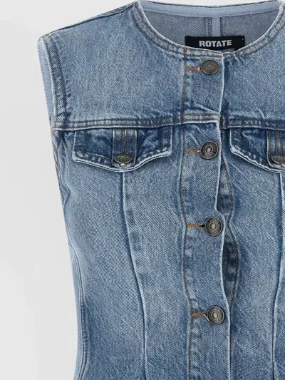 Rotate Birger Christensen Denim Flare Sleeveless Top Fitted Pockets In Blue