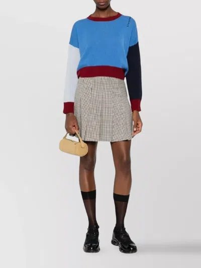 Msgm White Pleated Mini Skirt With Checkered Pattern In Brown