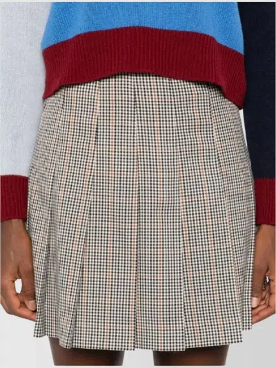 Msgm White Pleated Mini Skirt With Checkered Pattern In Brown
