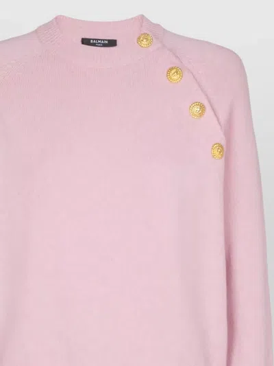 Balmain Buttoned Eco-cashmere Crewneck Sweater In Pink
