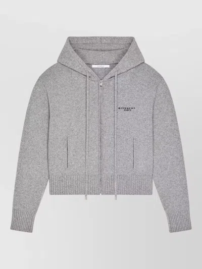 Givenchy Hooded Zip Cardigan Ribbed Cuffs Hem In Silver