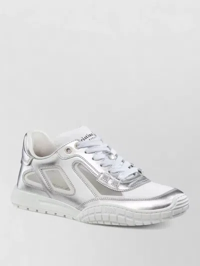 Dior Metallic Sneakers With Rubber Sole And Mesh Panels In Silver