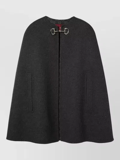 Gucci Women Black Cape With Clamp Closure On The Front And Internal Gg Motif In Wool And Silk Woman In Gray