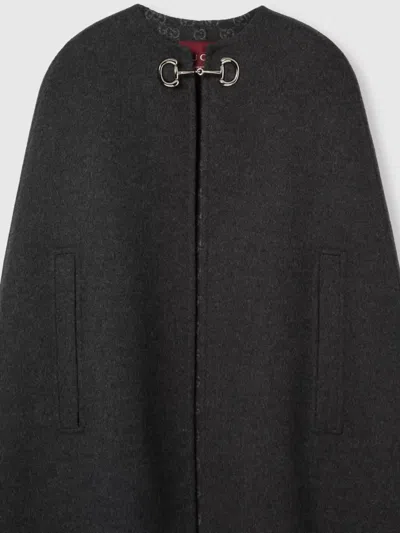 Gucci Women Black Cape With Clamp Closure On The Front And Internal Gg Motif In Wool And Silk Woman In Gray
