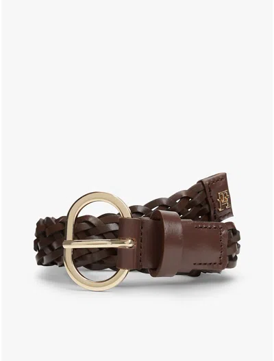 Tommy Hilfiger Oval Buckle Woven Leather Belt In Brown