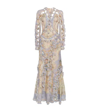 Zimmermann Linen-silk Scallopped Rebellion Maxi Dress In Gray