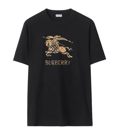 Burberry Men Black Crewneck T-shirt With Ekd And Logo Lettering Embroidery On The Front In Cotton Ma In Black