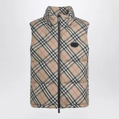 Burberry Sleeveless Down Jacket Featuring Check Pattern In Brown