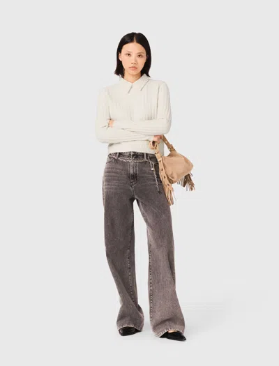 Maje Woman's Wool Pearl-collar Ribbed Jumper For Spring/summer In Brown