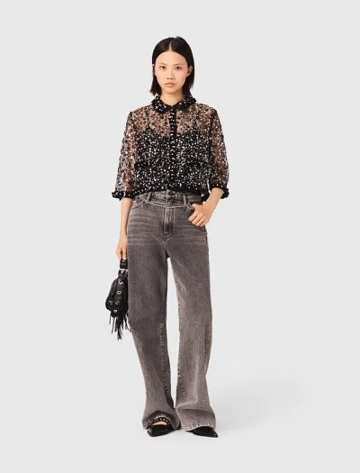 Maje Woman's Polyester Floral Rhinestone Polo For Spring/summer In Black