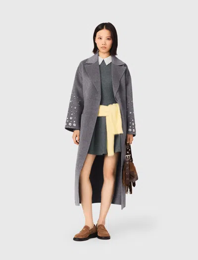 Maje Woman's Wool Long Double-faced Rhinestone Coat For Spring/summer In Gray