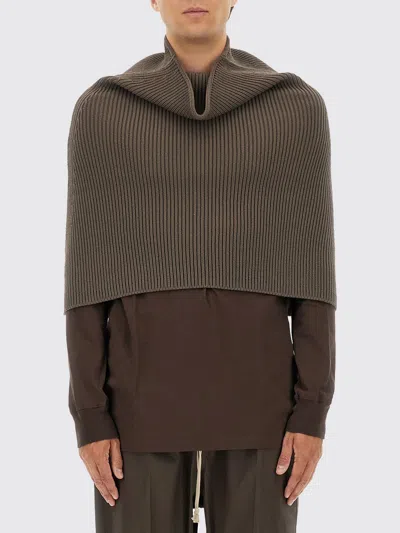 Rick Owens Ribbed Knitted Cape With Structured Collar In Brown