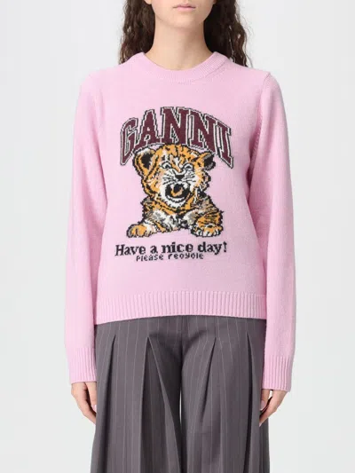 Ganni Graphic Print Long Sleeve Crew Neck Sweater In Pink