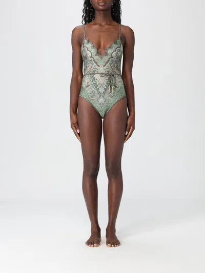 Zimmermann Wanderlust Belted Embellished Scalloped Printed Swimsuit In Green