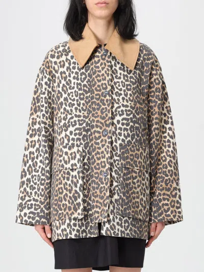 Ganni Leopard Printed Canvas Midi Puffer Jackets Brown In Brown