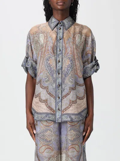 Zimmermann Silk Short Sleeve Shirt With Asymmetrical Hem And Rolled Sleeves In Multi