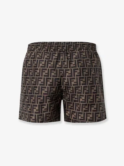 Fendi Tech Fabric With All-over Ff Pattern Swim Shorts In Brown