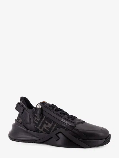 Fendi Men Leather Flow Sneakers With Ff Jacquard Fabric Inserts In Black