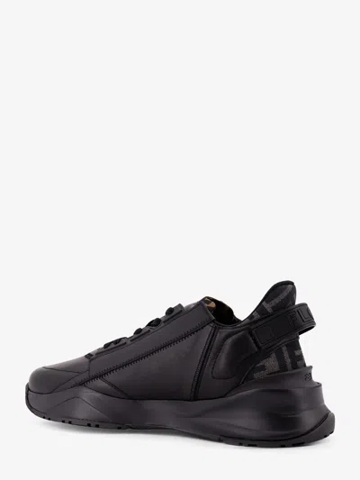 Fendi Men Leather Flow Sneakers With Ff Jacquard Fabric Inserts In Black