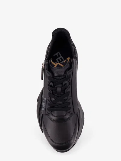 Fendi Men Leather Flow Sneakers With Ff Jacquard Fabric Inserts In Black