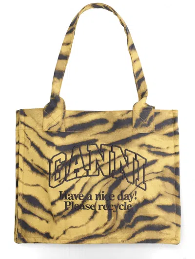 Ganni Shopper Xxl Embroidered Zebra-print Cotton-canvas Tote In Yellow