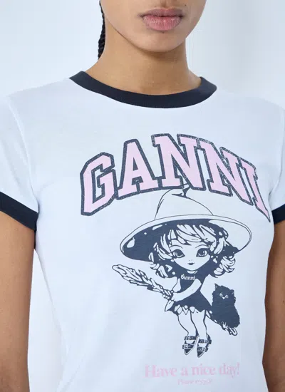 Ganni White T-shirt With Lettering Logo And Front And Back Print