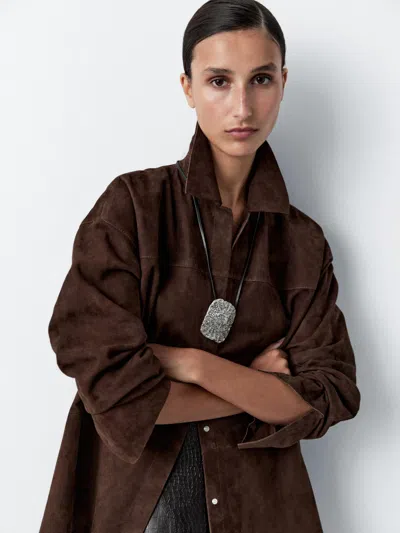 Massimo Dutti Textured Medallion Necklace In Gray