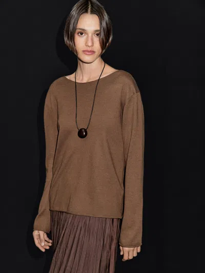 Massimo Dutti Wool Blend Boat Neck Sweater In Brown