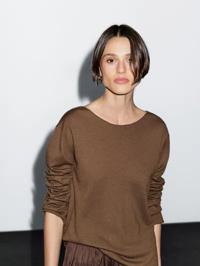 Massimo Dutti Wool Blend Boat Neck Sweater In Brown