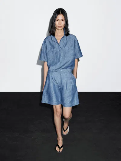 Massimo Dutti Short Sleeve Cotton And Linen Polo Shirt In Blue