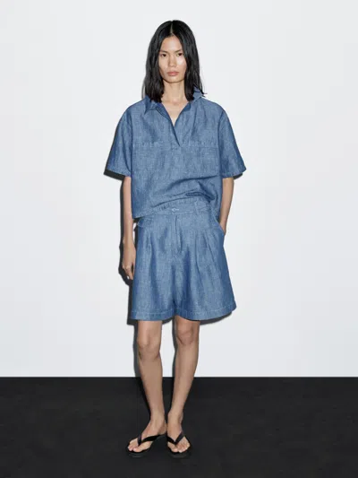 Massimo Dutti Short Sleeve Cotton And Linen Polo Shirt In Blue
