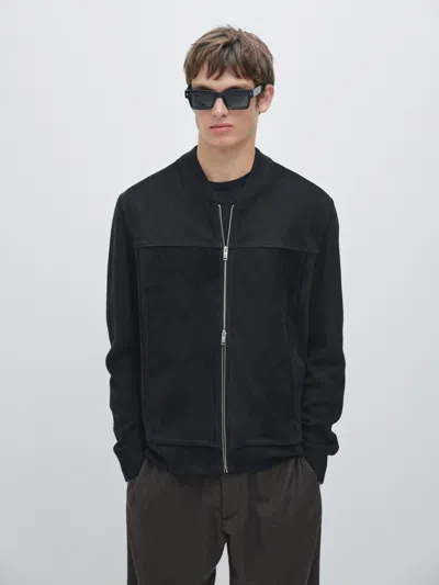 Massimo Dutti Wool And Suede Leather Blend Bomber Jacket In Black