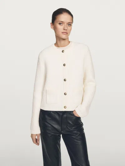 Massimo Dutti Short Knit Cardigan With Gold Button Details In White