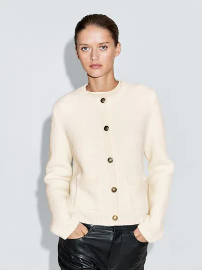 Massimo Dutti Short Knit Cardigan With Gold Button Details In White