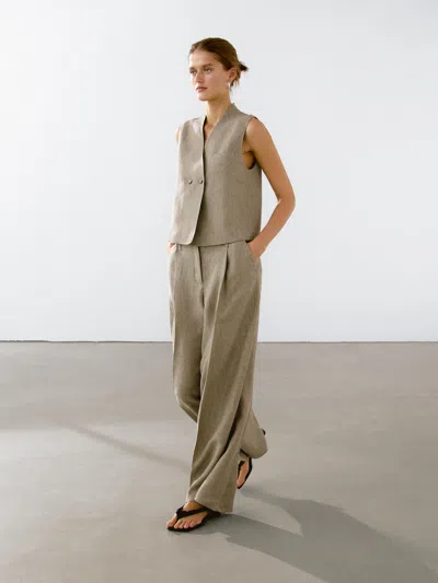 Massimo Dutti Linen Blend Darted Trousers In Gray