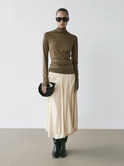 Massimo Dutti Flowing Midi Skirt With Ruffles In Brown