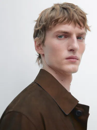 Massimo Dutti Suede Leather Worker Jacket In Brown