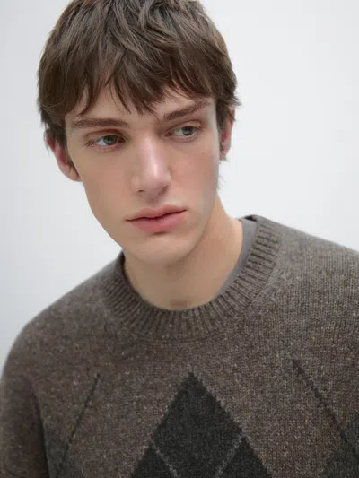 Massimo Dutti 100% Wool Argyle Knit Sweater In Multi