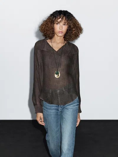 Massimo Dutti 100% Linen Blouse With Chest Detail In Blue