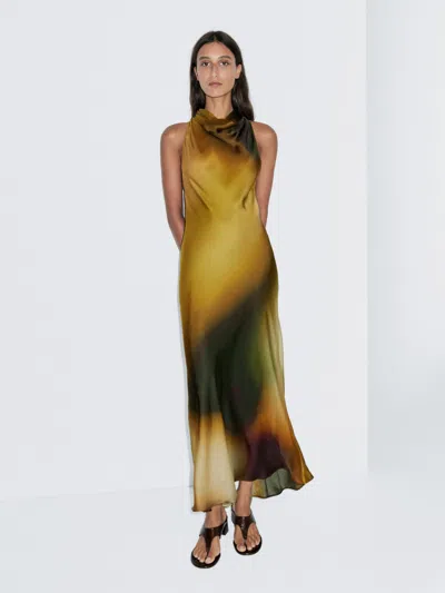 Massimo Dutti Long Printed Halterneck Dress In Yellow