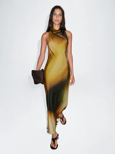 Massimo Dutti Long Printed Halterneck Dress In Yellow