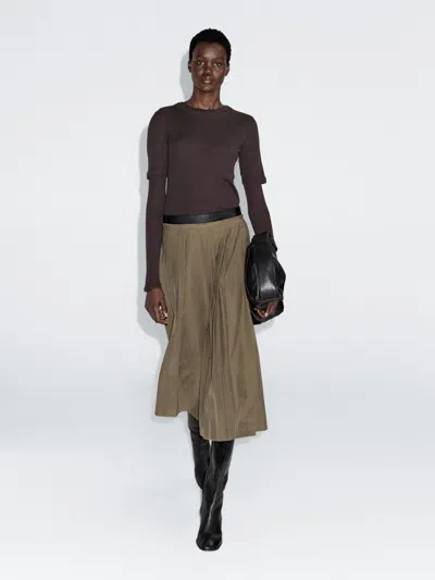 Massimo Dutti Pleated Midi Skirt With Waist Detail In Brown
