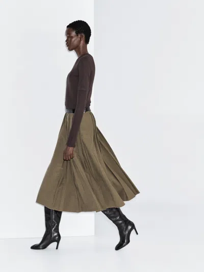 Massimo Dutti Pleated Midi Skirt With Waist Detail In Brown
