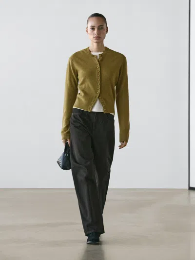 Massimo Dutti 100% Wool Knit Cardigan With Covered Buttons In Green